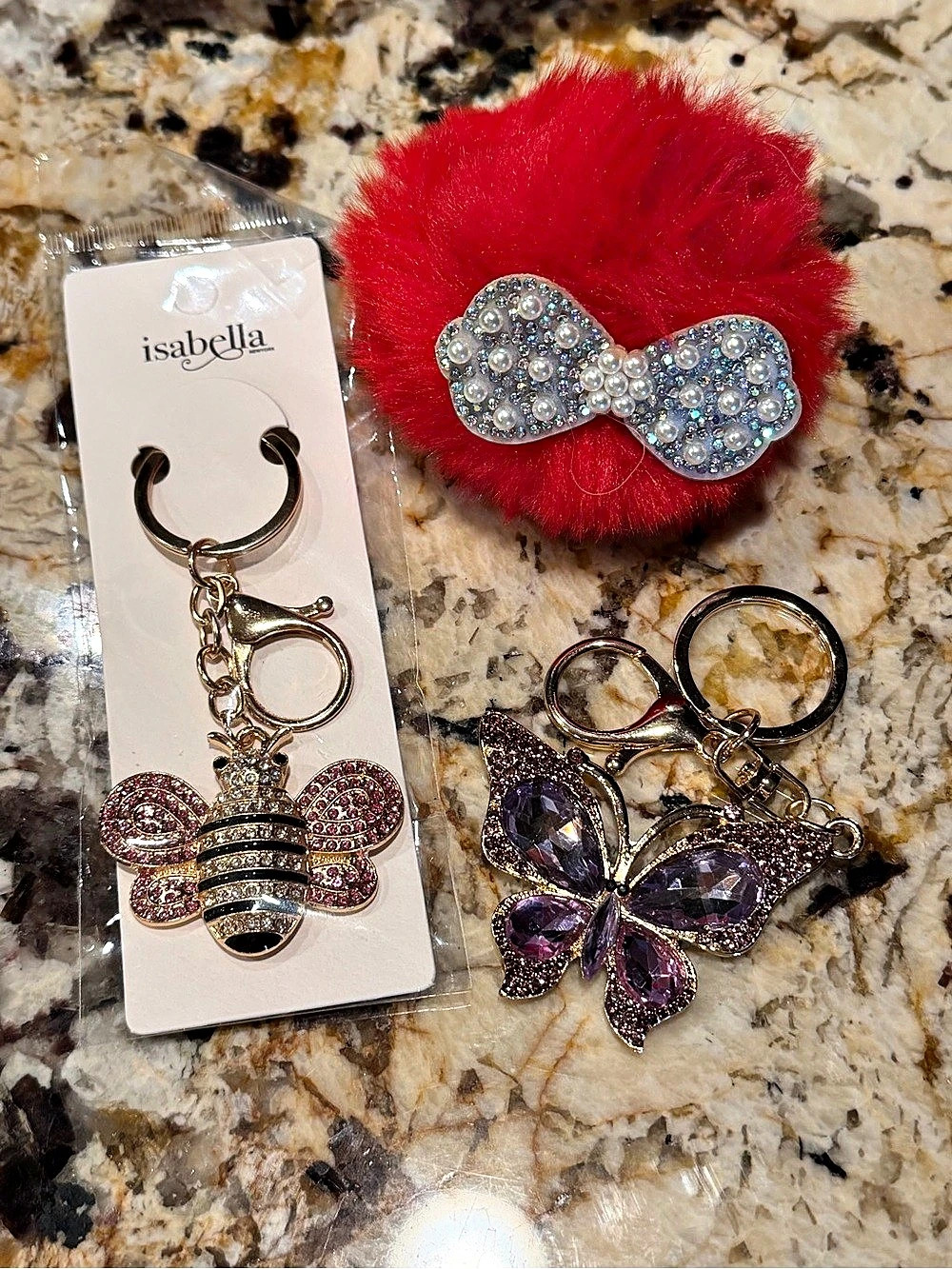 Isabella Bumblebee Keychain Bag Charms Rhinestone Lg Butterfly Pom Pom NWT